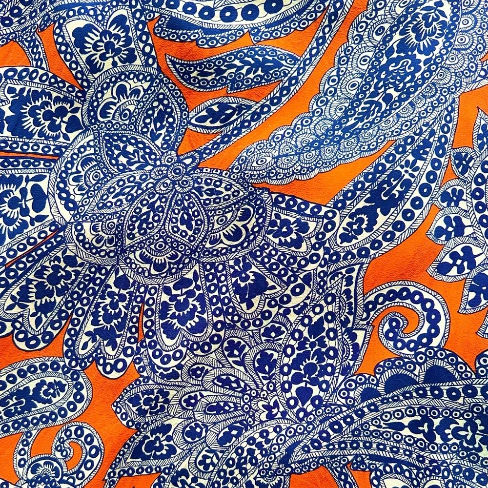 Trina Turk Alverta Silk Paisley Midi Dress Cobalt Blue and Orange Size 4